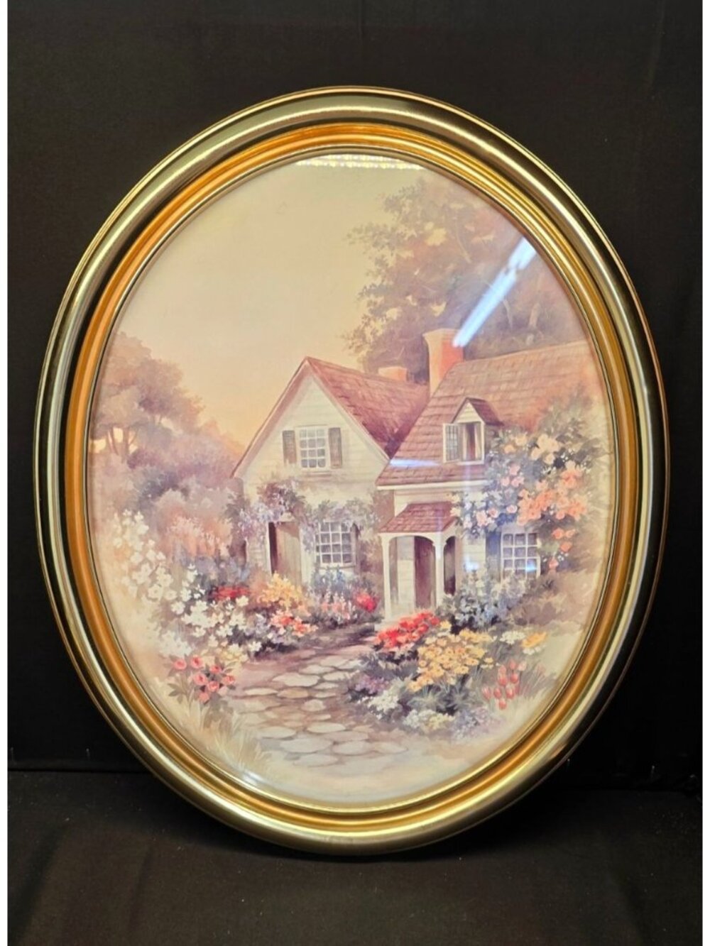 Vintage Lee K Parkinson Cottage Floral Art Print Cottagecore Decor Gold Frame